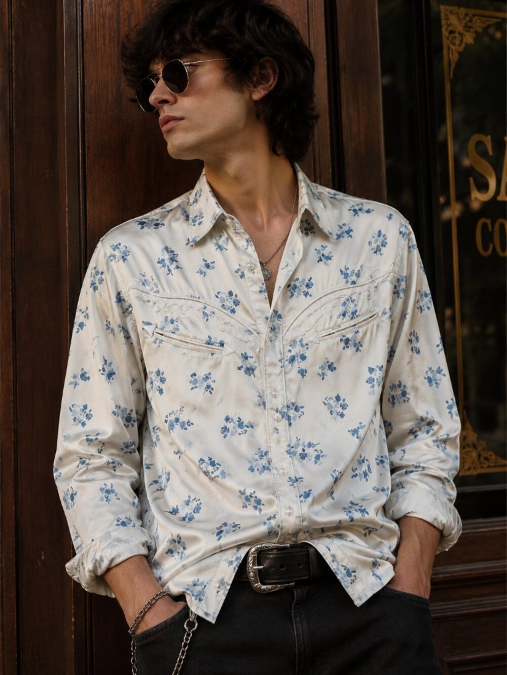 ASOS White Blue Floral Satin Western Shirt Men's Medium